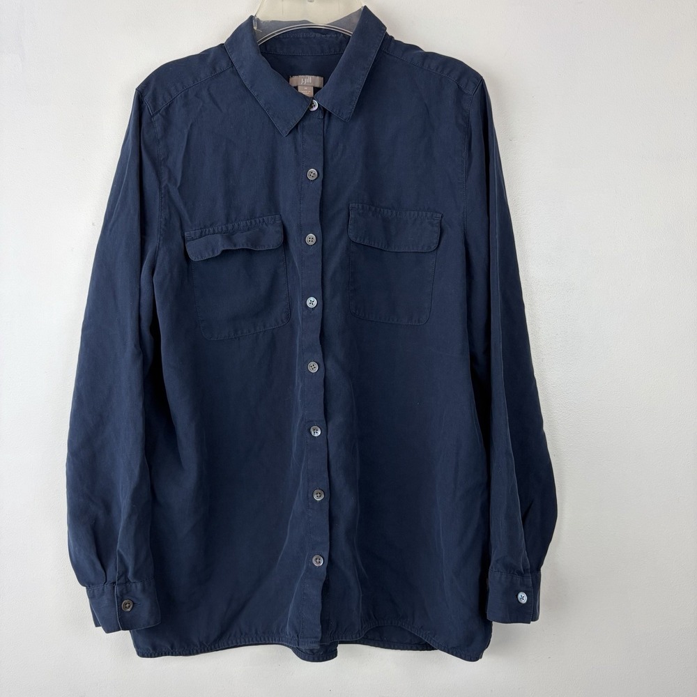 J Jill Silk Button Tunic Shirt Womens Medium Navy Blue Office Career Old Money